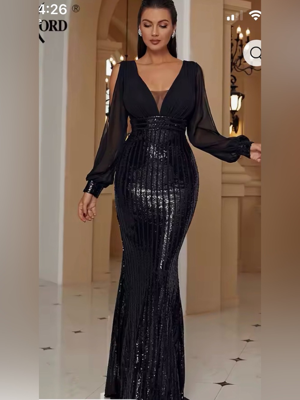 Navy Sequin Maxi Gown with Sheer Draped Sleeves